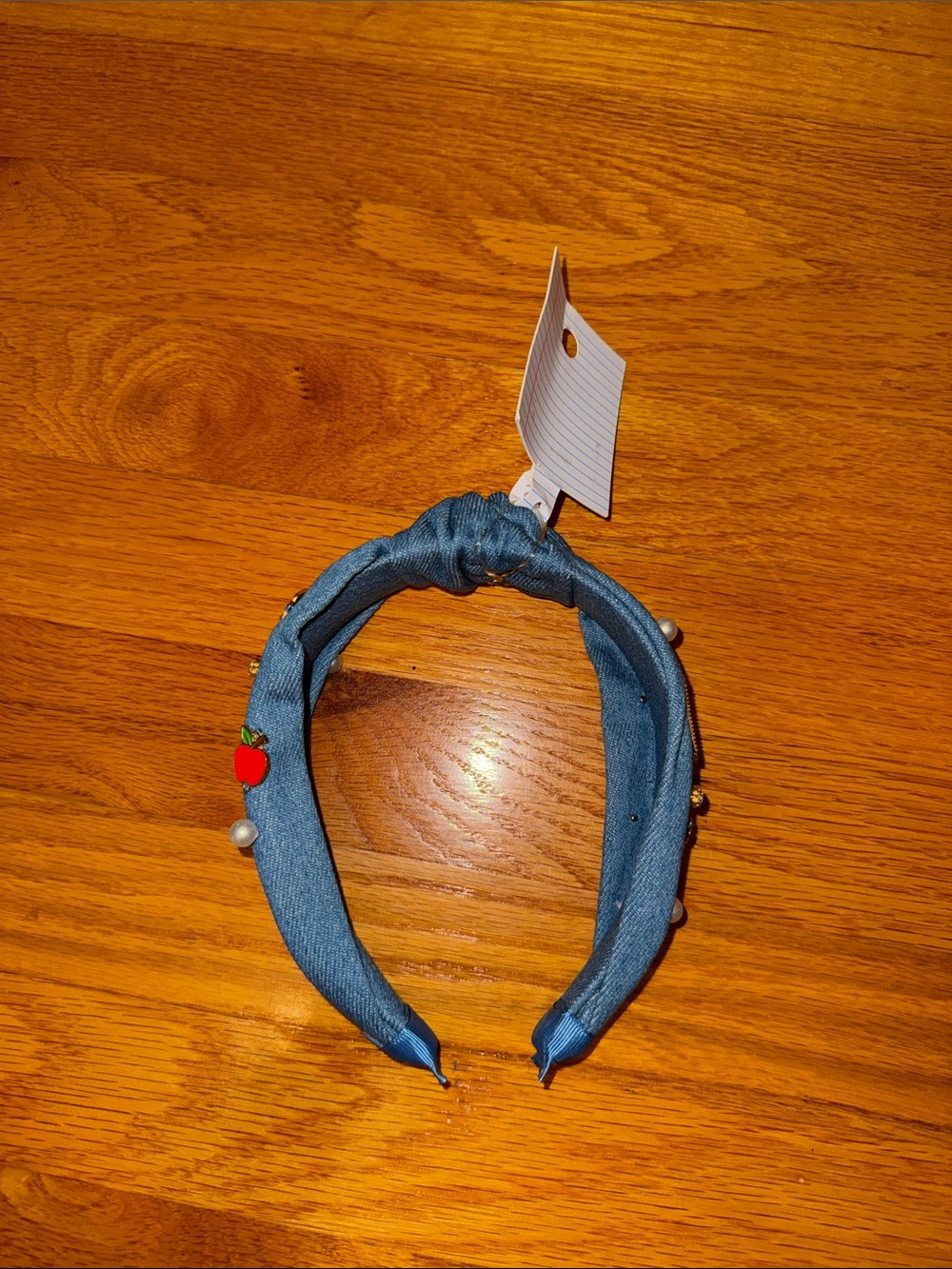Target Denim-Look Knotted Headband with Pearl and Red Apple Accent